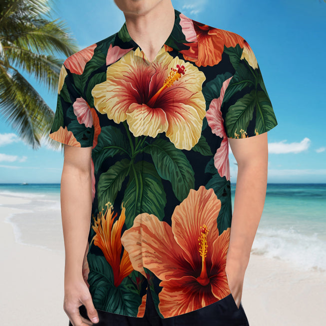 Hibiscus Tropical Pattern Men's Casual Short-Sleeved Shirt