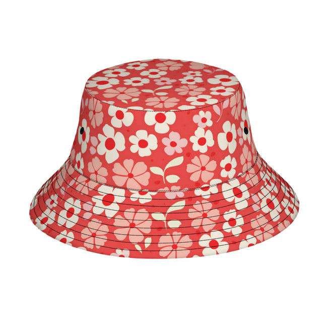 Red Floral Double-Sided Unisex Polyester Bucket Hat