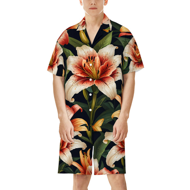 Lily Flower Pattern Men's Shirt And Short Set