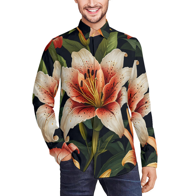 Lily Flower Pattern Men's Classic Long-Sleeved Shirt