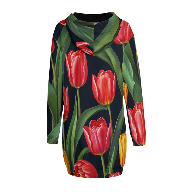 Tulip Pattern Women Long Sleeve Casual Hoodie Sweatshirt Dress