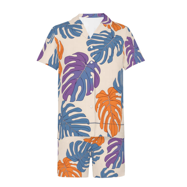 Bold Tropical Leaf Pattern Men's Shirt And Short Set