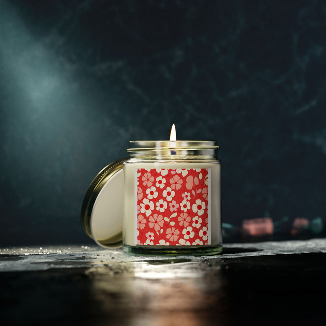 Red Floral Pattern Scented Coconut Apricot Candles (4oz, 9oz)