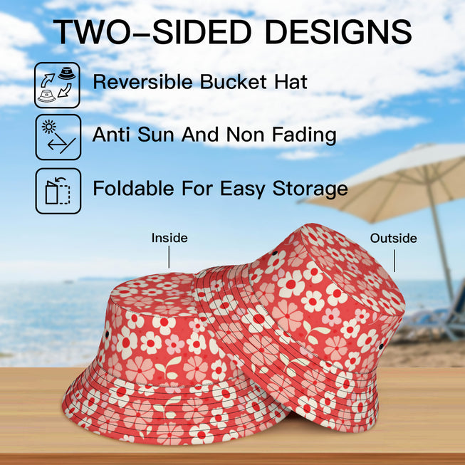 Red Floral Double-Sided Unisex Polyester Bucket Hat