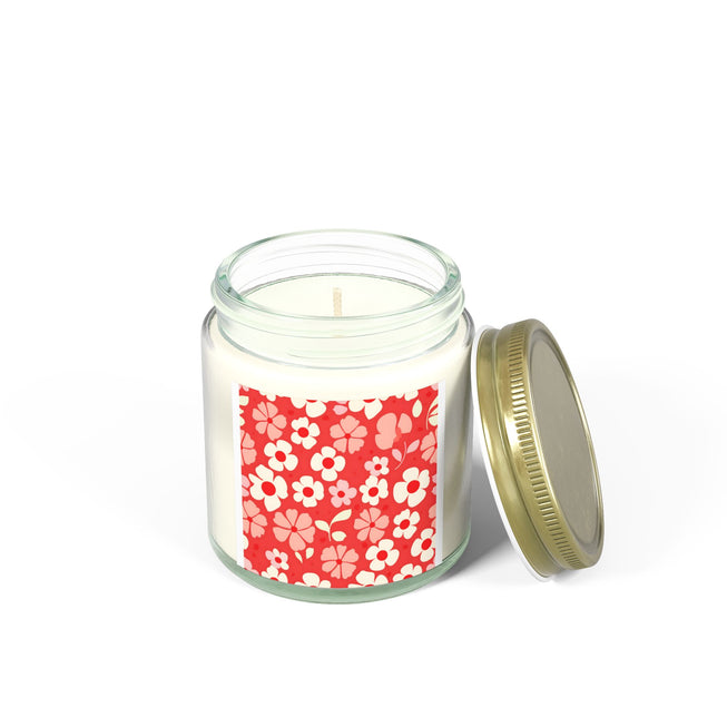 Red Floral Pattern Scented Coconut Apricot Candles (4oz, 9oz)