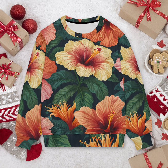 Hibiscus Tropical Pattern Crew Neck Sweater