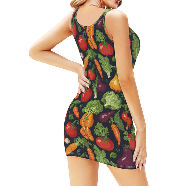 Veggies Pattern Sleeveless Slim-Fit Euro-Size Tank Slip Dress