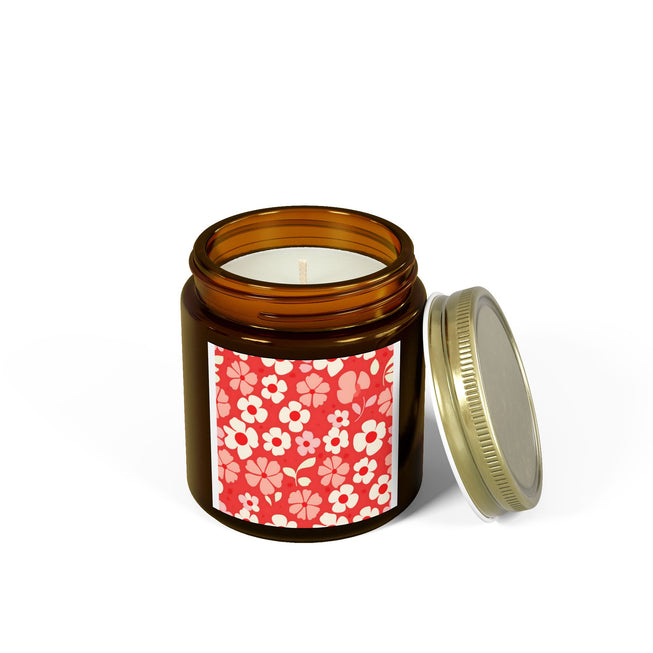 Red Floral Pattern Scented Coconut Apricot Candles (4oz, 9oz)