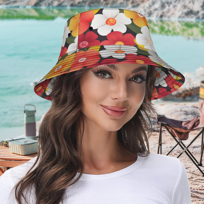 Floral Pattern Double-Sided Unisex Polyester Bucket Hut