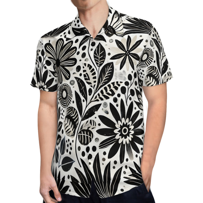 Black Floral Shapes Men's Casual Short-Sleeved Shirt