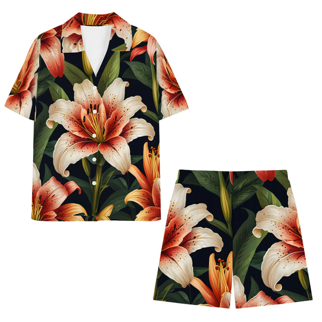 Lily Flower Pattern Men's Shirt And Short Set