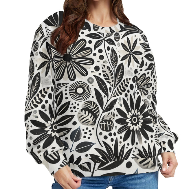 Black Floral Shapes Crew Neck Sweater