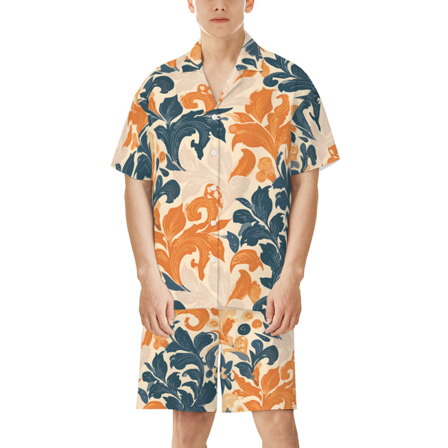 Orange Floral Men's Shirt And Short Set