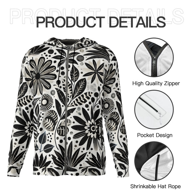 Black Floral Shapes Men's Zip Up Hoodie