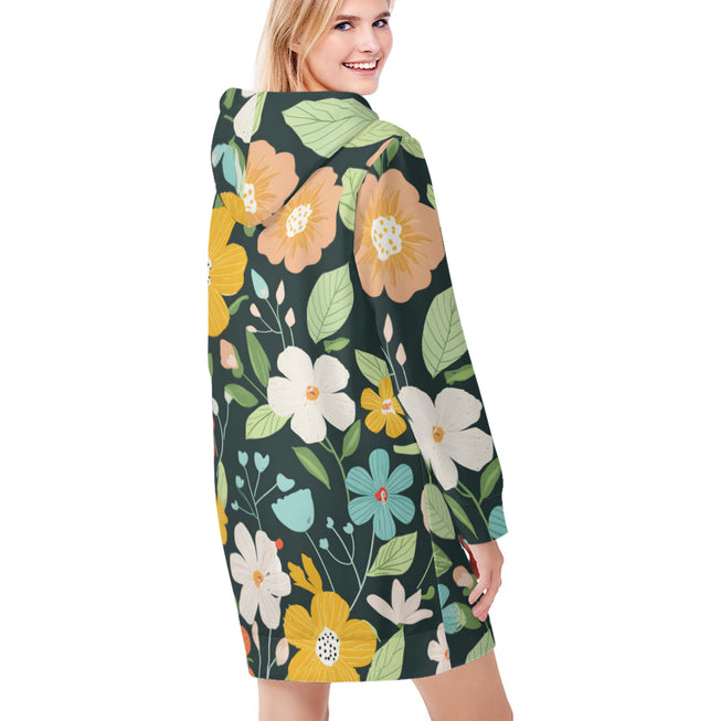 Floral Seamless Pattern Women Long Sleeve Casual Hoodie Sweatshirt Dress