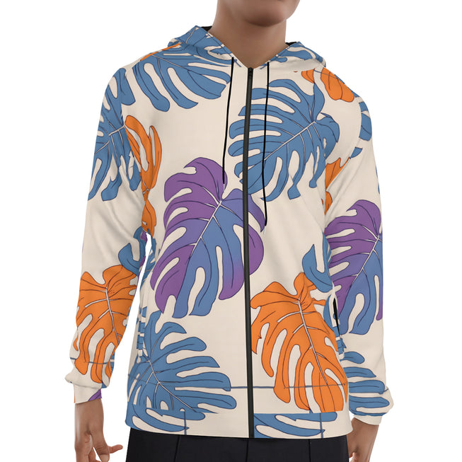 Bold Tropical Leaf Pattern Adult Zip Up Hoodie