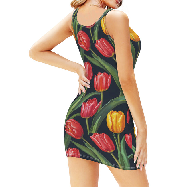 Tulip Pattern Sleeveless Slim-Fit Euro-Size Tank Slip Dress