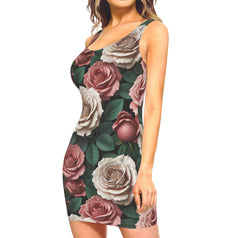 Rose Pattern Sleeveless Slim-Fit Euro-Size Tank Slip Dress