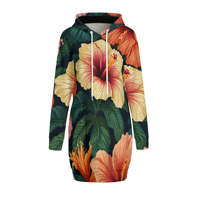 Hibiscus Tropical Pattern Women Long Sleeve Casual Hoodie Sweatshirt Dress