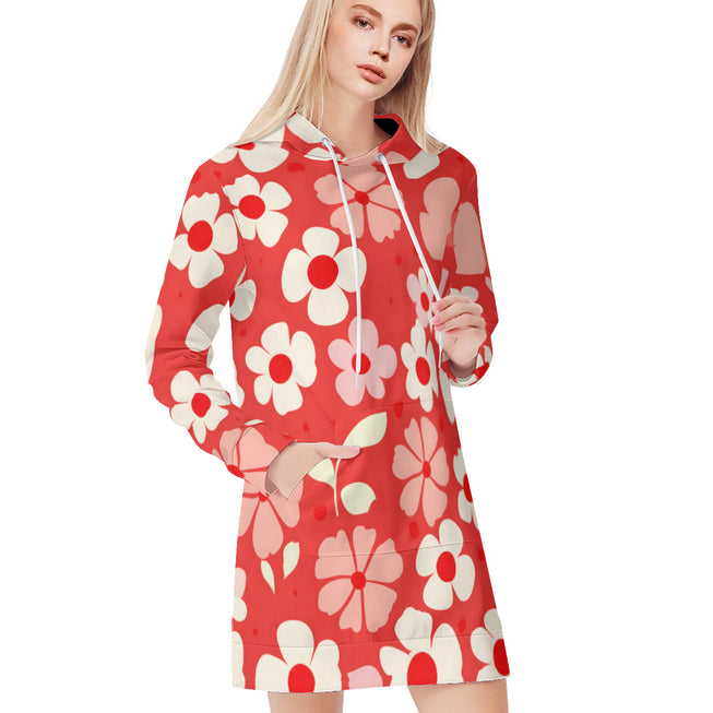 Red Floral Women Long Sleeve Casual Hoodie Sweatshirt Dress