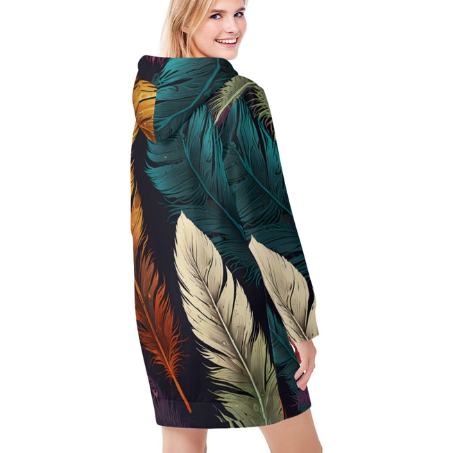 Elegant Feathers Women Long Sleeve Casual Hoodie Sweatshirt Dress