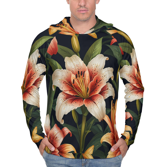 Lily Flower Pattern Men's Sun Protection Long Sleeve Hoodie