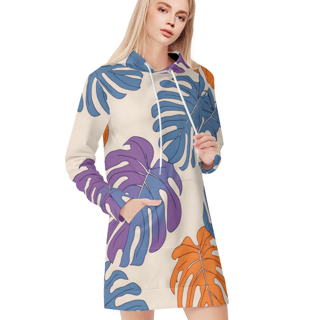 Bold Tropical Leaf Pattern Women Long Sleeve Casual Hoodie Sweatshirt Dress