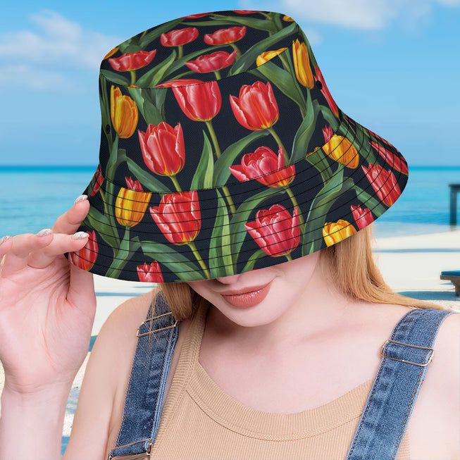 Tulip Pattern Double-Sided Unisex Polyester Bucket Hat