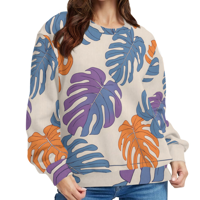 Bold Tropical Leaf Pattern Crew Neck Sweater