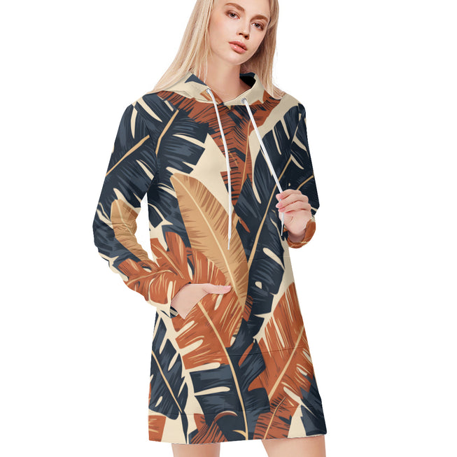 Tropical Leaves Pattern Women Long Sleeve Casual Hoodie Sweatshirt Dress