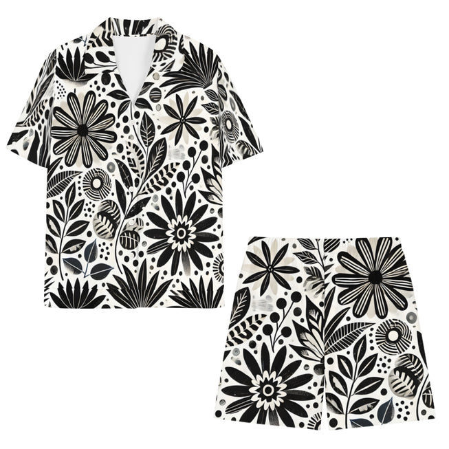 Black Floral Shapes Men's Shirt And Short Set