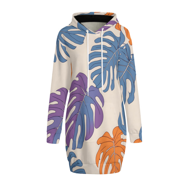 Bold Tropical Leaf Pattern Women Long Sleeve Casual Hoodie Sweatshirt Dress