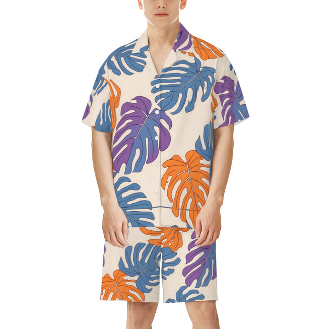 Bold Tropical Leaf Pattern Men's Shirt And Short Set