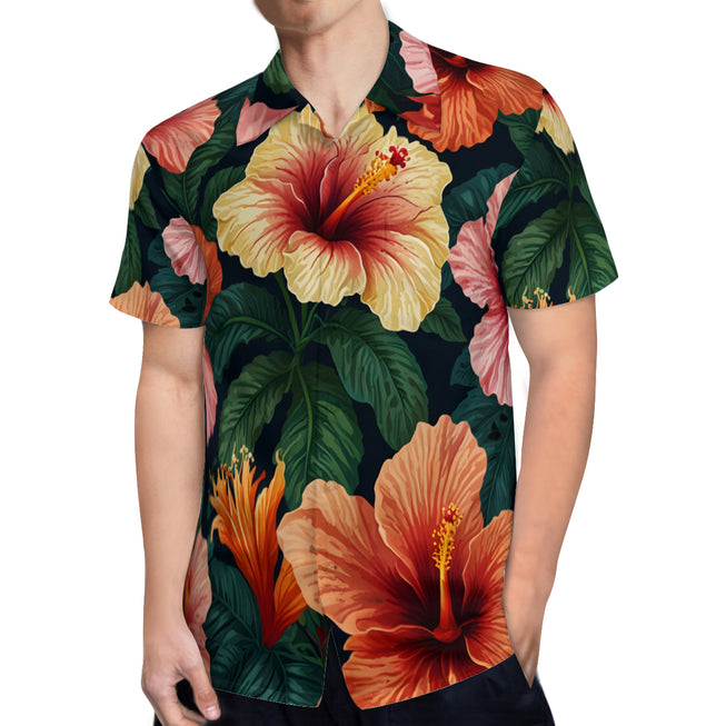 Hibiscus Tropical Pattern Men's Casual Short-Sleeved Shirt