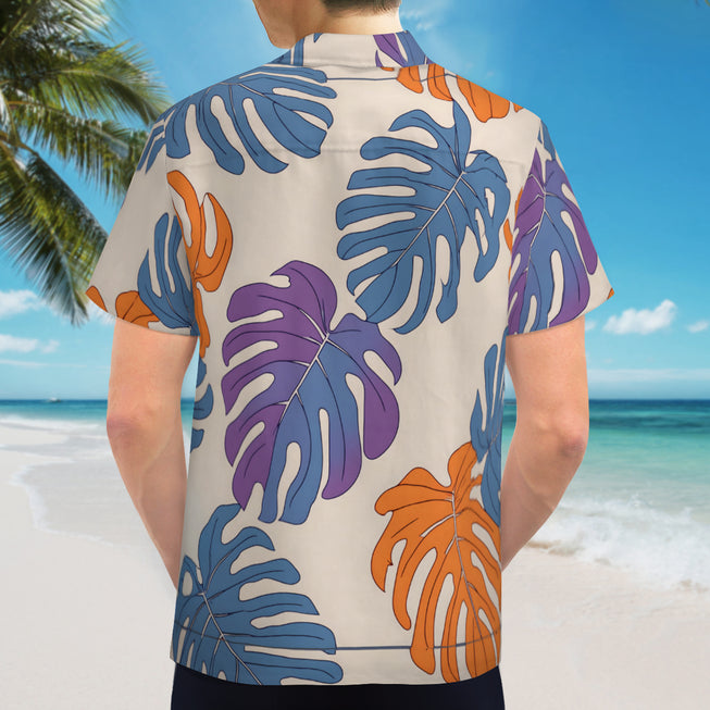 Bold Tropical Leaf Pattern Men's Casual Short-Sleeved Shirt