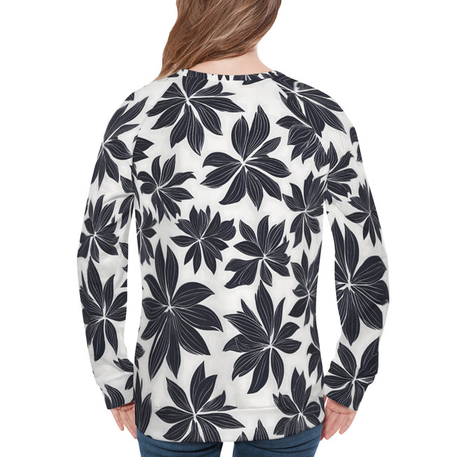 Black Floral Shapes Women's Raglan Long Sleeved Sweatshirt