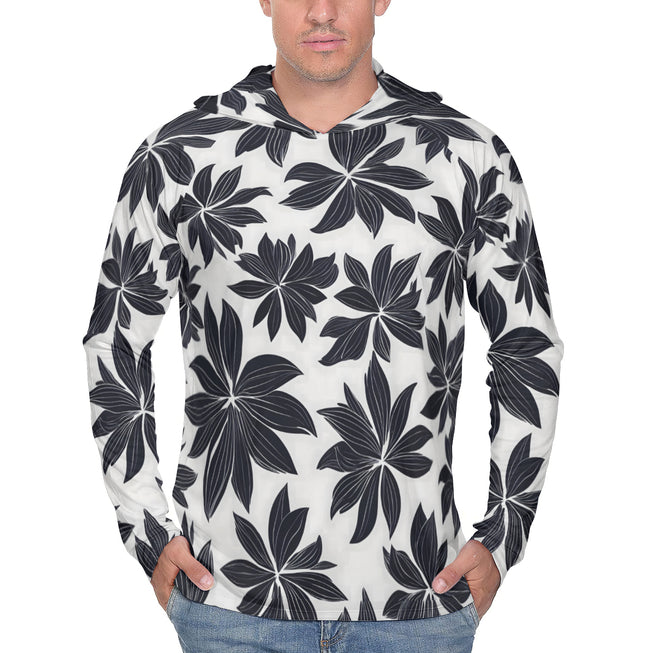 Black Floral Shapes Men's Sun Protection Long Sleeve Hoodie