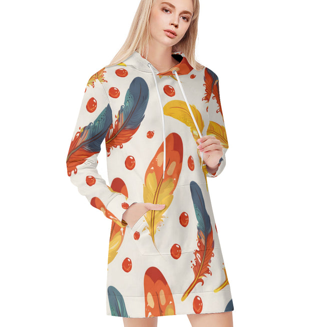 Vibrant Feathers Print Women Long Sleeve Casual Hoodie Sweatshirt Dress