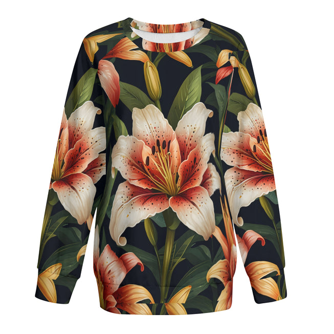 Lily Flower Pattern Women's Raglan Long Sleeved Sweatshirt