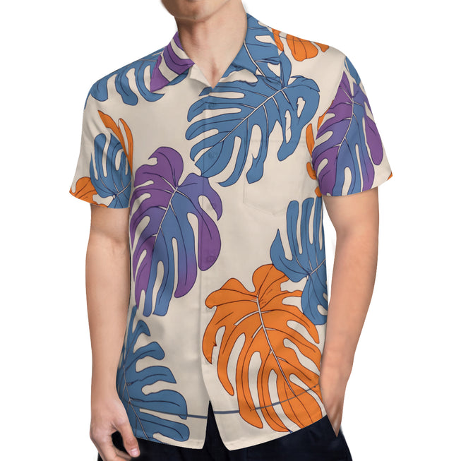 Bold Tropical Leaf Pattern Men's Casual Short-Sleeved Shirt