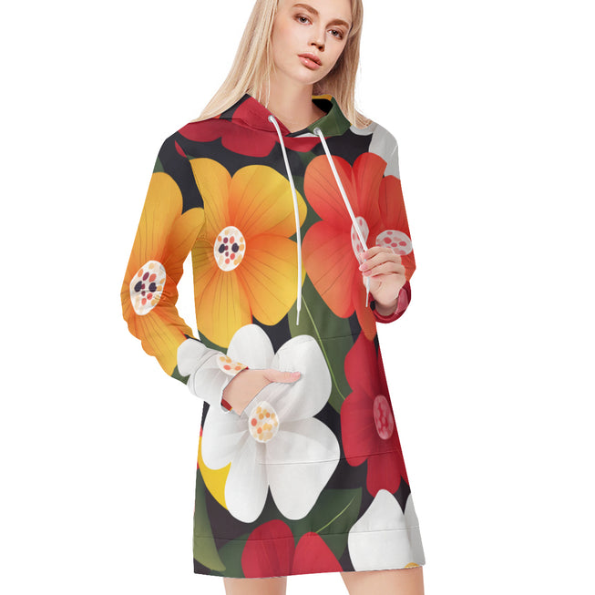 Floral Pattern Women Long Sleeve Casual Hoodie Sweatshirt Dress