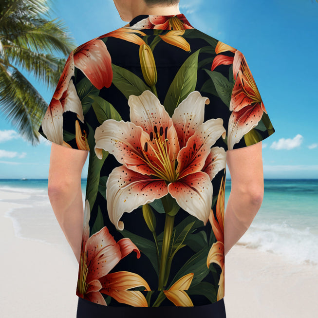 Lily Flower Pattern Men's Casual Short-Sleeved Shirt