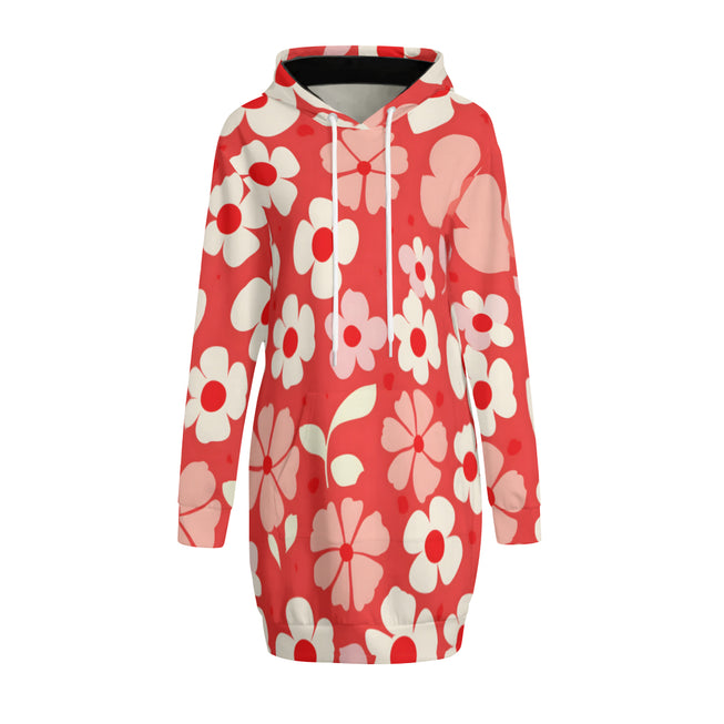 Red Floral Women Long Sleeve Casual Hoodie Sweatshirt Dress