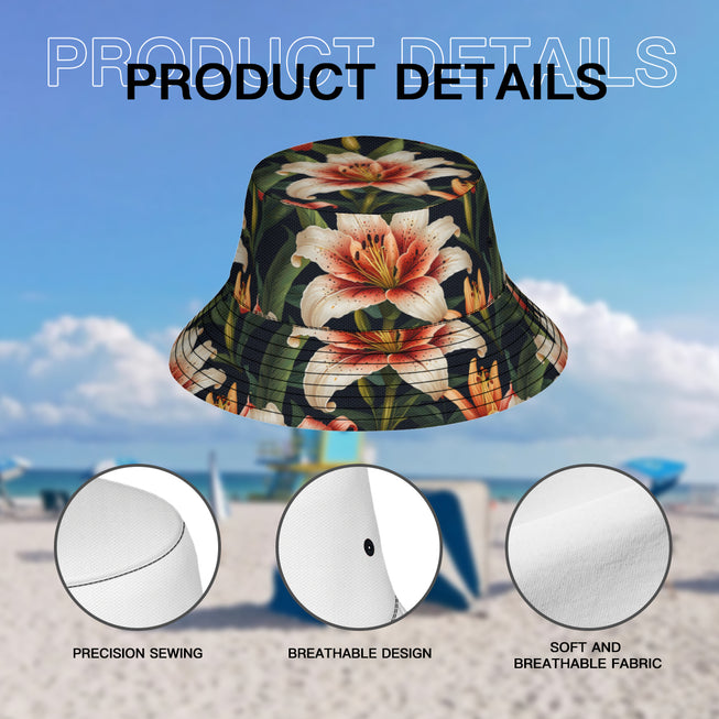 Lily Flower Pattern Double-Sided Unisex Polyester Bucket Hat