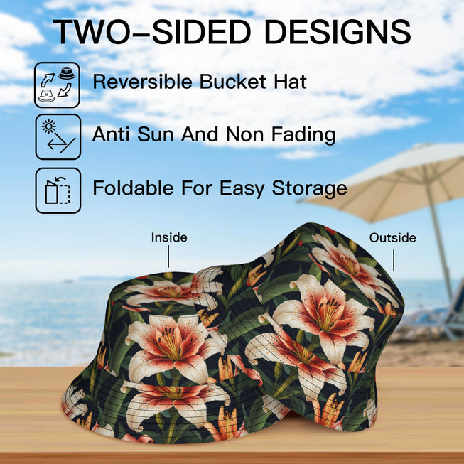 Lily Flower Pattern Double-Sided Unisex Polyester Bucket Hat