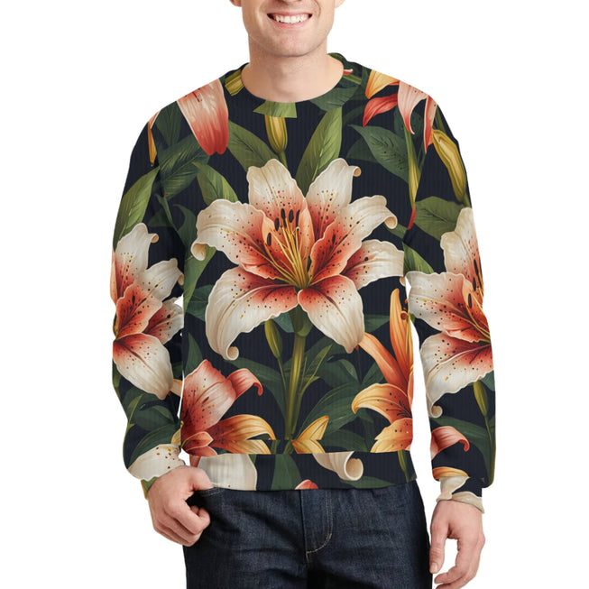 Lily Flower Pattern Crew Neck Sweater