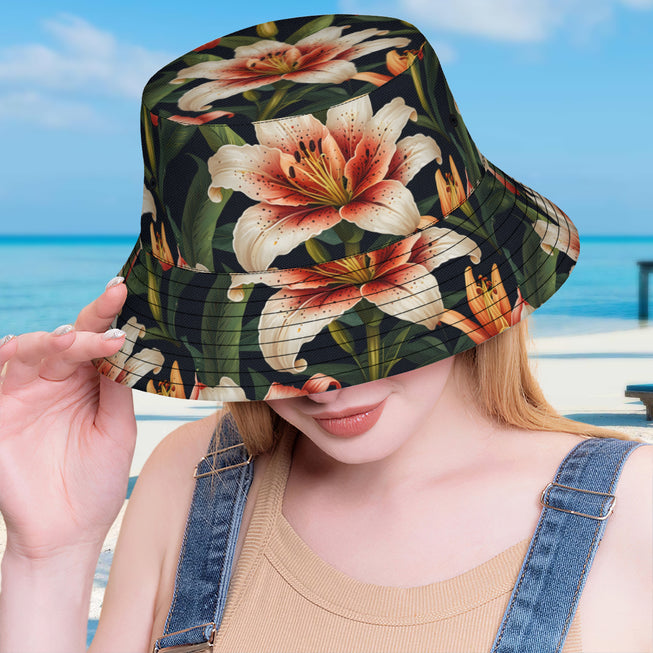 Lily Flower Pattern Double-Sided Unisex Polyester Bucket Hat