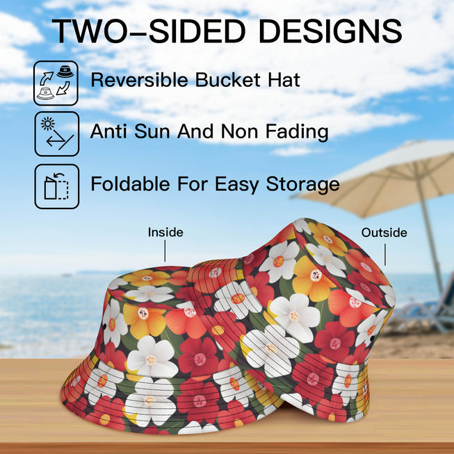 Floral Pattern Double-Sided Unisex Polyester Bucket Hut