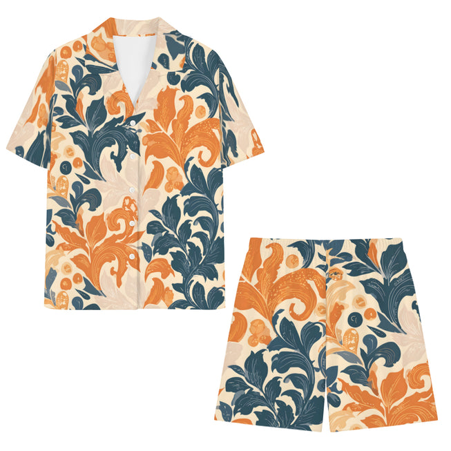 Orange Floral Men's Shirt And Short Set