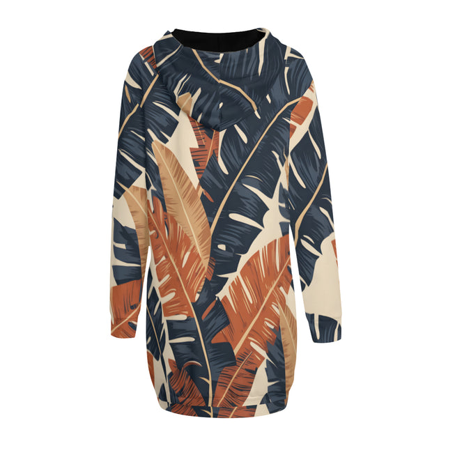 Tropical Leaves Pattern Women Long Sleeve Casual Hoodie Sweatshirt Dress